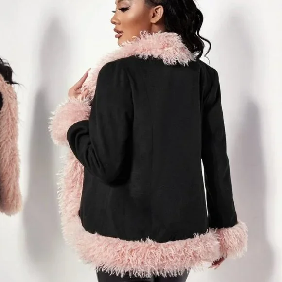 Glamorous pink Fuzzy Faux fur Trim Open Front black Overcoat - Picture 5 of 5